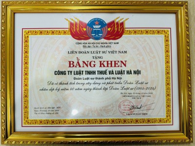 Luật sư Nguyễn Thị Thu Hoài và Công ty Luật TNHH Thuế và Luật Hà Nội Luật vinh dự nhận Bằng khen của Liên đoàn Luật sư Việt Nam nhân dịp kỷ niệm 40 năm ngày thành lập Đoàn Luật sư (1984 - 2024)
